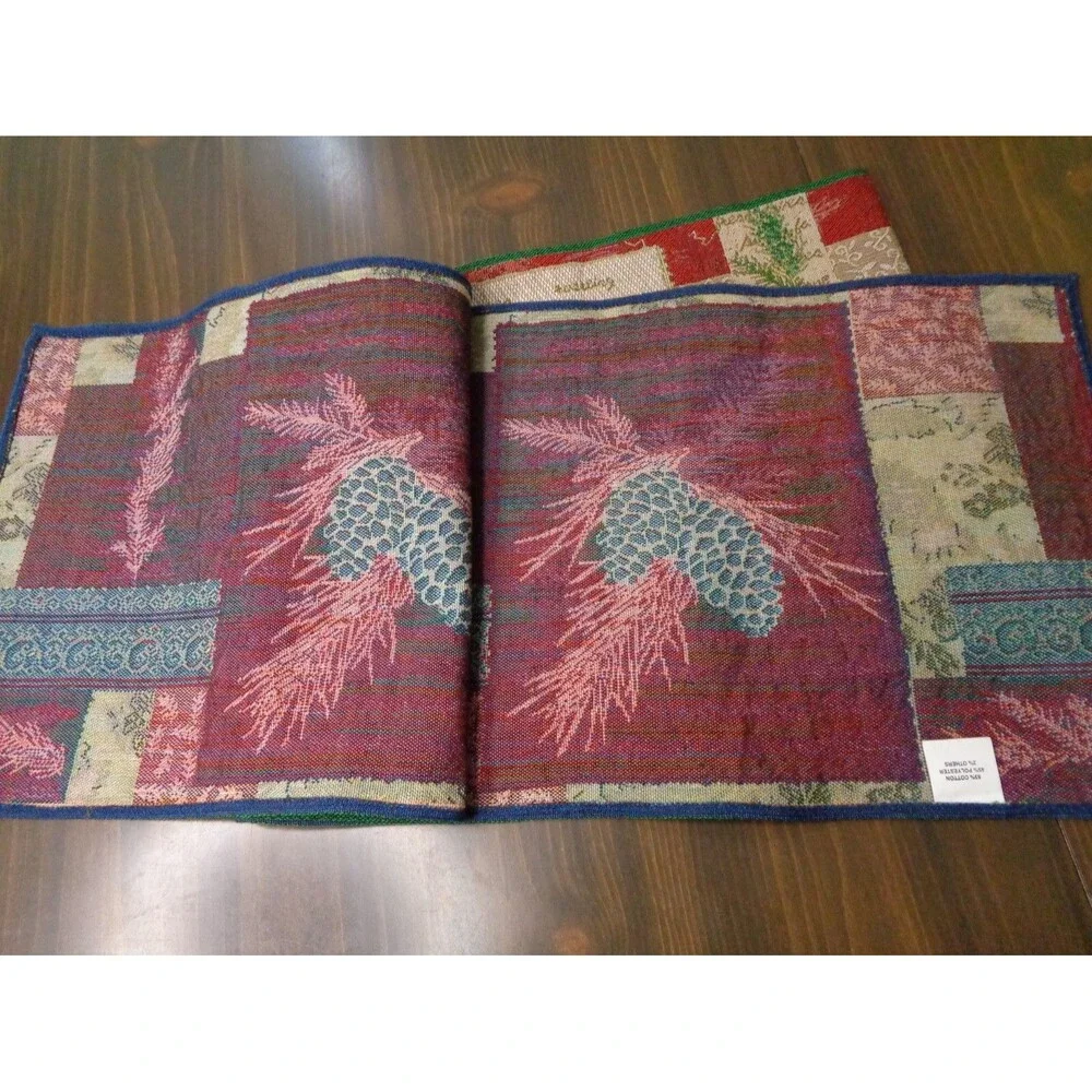 Vintage Christmas Table Runner Pinecones Red Green Patchwork Look Weave 12x72